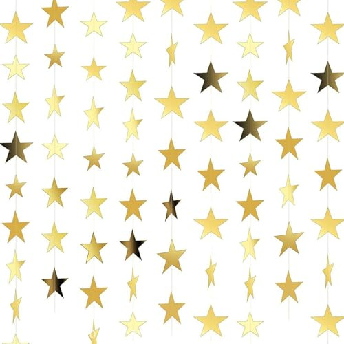 ACKKOR Guirlande de Étoiles Dorées 12m, Guirlande en Papier Réfléchissant, Fanions Étoiles à Suspendre pour Mariage, Anniversaire et Décoration de Fête
