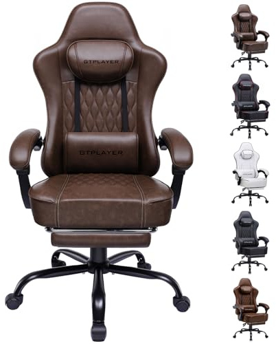 GTPLAYER Gaming Stuhl, Bürostuhl, Ergonomischer PC Stuhl, Höhenverstellbarer Drehstuhl,Armlehnen mit Synchronmechanik, Lendenkissen, Kopfkissen, bis 150 kg Belastbarkeit, Kunstleder, Retro-Braun