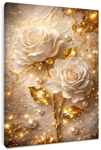 Alptiny Elegantes Leinwandbild 30x40 cm mit Rahmen – Wandbilder Wohnzimmer Goldene Rosen, Modernes Poster & Wanddeko Wohnzimmer, HD Leinwanddruck, Mit Haken & Klett, Ohne Bohren