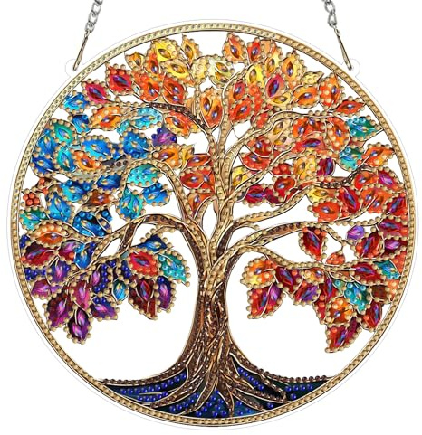 MOTGOM 5D Diamond Painting Anhänger Baum des Lebens, 5D Diamond Painting Sonnenfänger für Erwachsene, Lichtfänger DIY Fensterbilder Set für Erwachsene, Handwerk Malerei Set für Wand Dekor 20x20cm