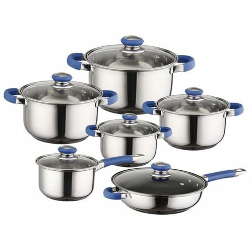 predolo 12 Pezzi Batteria Pentole Acciaio Inox 12 Pezzi Fondo Spesso Set Pentole con Manico in Silicone Antiaderente Set Casseruole Acciaio Inox, Moderno