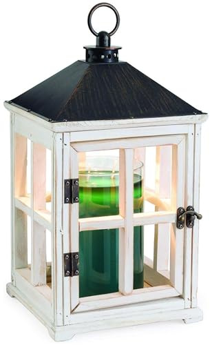 Candle Warmers Etc. White Wooden Farmhouse Candle Warmer Lantern – for Top-Down Warming & Flame-Free Fragrance