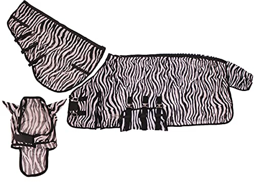 QHP Fliegendecke mit Hals und Hut 3 Bauchgurte, Frontverschluss, Schweiflatz (125 cm, Zebra)