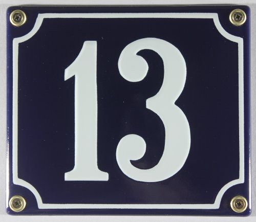 Emaille Hausnummernschild - Wählen Sie Ihre Nummer - Zahlen 1 bis 30 verfügbar - blau/weiß 12x12 cm und 12x14cm - sofort lieferbar! Hausnummer Schild wetterfest und lichtecht (13 blau/weiß 12x14cm)