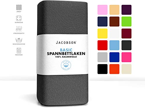 Jacobson Jersey Spannbettlaken Spannbetttuch Baumwolle Bettlaken (Topper 180-200x200 cm, Anthrazit)