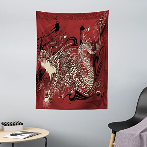ABAKUHAUS orientalisch Wandteppich, Japanische Drachen Doodle aus Weiches Mikrofaser Stoff Waschbar ohne Verblassen Digitaldruck, 110 x 150 cm,Elfenbein und Ruby