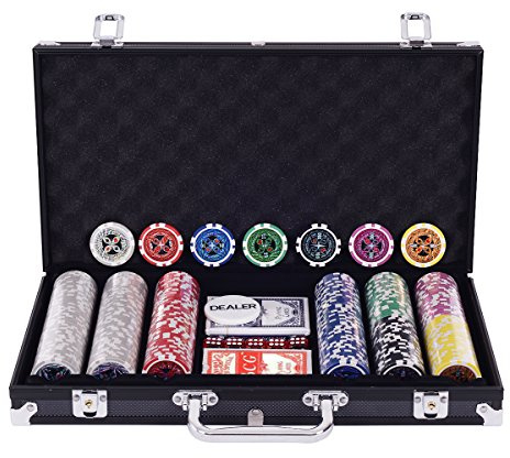 DREAMADE Mallette de Poker Verrouillable avec 300 Jetons avec Autocollant Laser, Bouton de Donneur, 2 Jeux de Cartes, 5 Dés et Mallette de Poker en Aluminium (Noir)