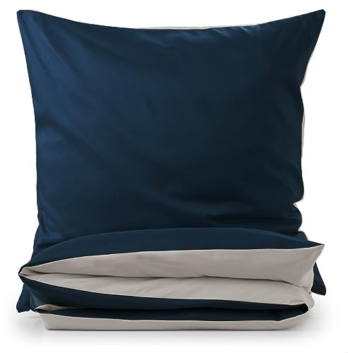 Blumtal Premium Extra Weiche Winter Bettwäsche Wendedesign 140x200 cm & Kissenbezug 80x80 cm - Bettbezüge Mikrofaser, 2 teilig, Moonlight grey - Grau / Dark ocean blue - blau