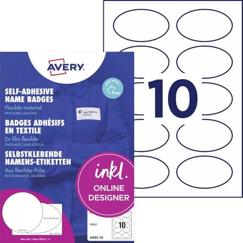 Avery Zweckform J4882-20 Namensetiketten (200 Namensaufkleber, 85x50 mm auf A4, selbstklebend, bedruckbare ovale Textiletiketten für Inkjetdrucker, rückstandsfrei ablösbar) 20 Blatt, weiß