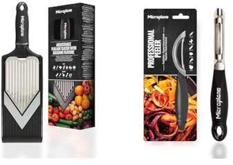 Microplane Mandolina a V con regolabile con accessorio julienne con lame affilate in acciaio & Pelapatate con doppia lama in acciaio inossidabile per desrtimani e mancini