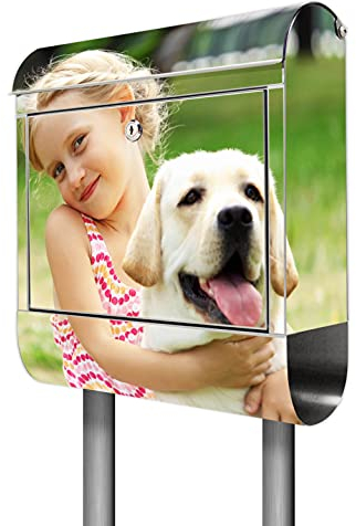 banjado® Edelstahl Standbriefkasten personalisiert mit Wunschmotiv - Designer Mailbox freistehend mit Zeitungsrolle