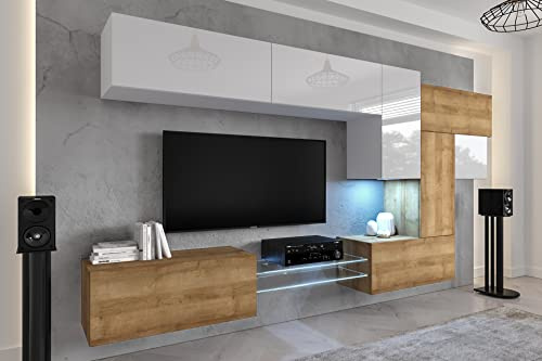 Furnitech Wohnwand Wohnzimmer | Wohnzimmer Möbel mit LED RGB - 16 Farben | Hängend Wohnwand Modern | Wohnzimmer Schrankwand mit Regale und TV Schrank (AN92NEW-21WDZ-HGM22)