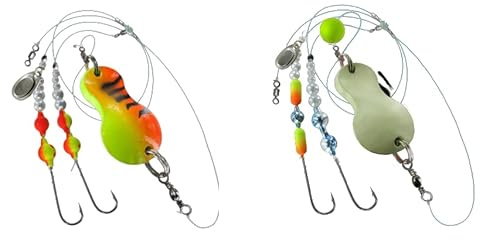 blntackle76 Set 2 Stück Buttlöffel von Jenzi,Plattfisch Blinker montiert 60 Gramm Light Green Glitter 80 Gramm grün/rot/Tiger und + gratis Petri Heil! Aufkleber