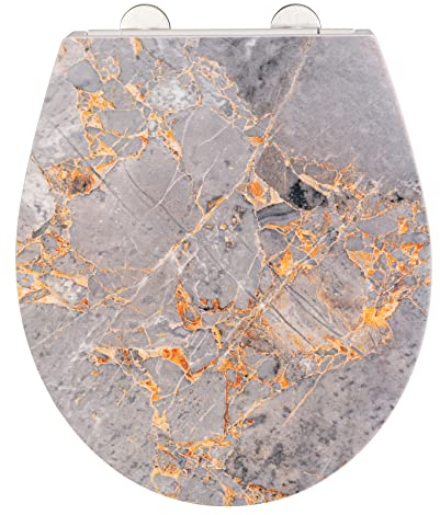 WENKO WC-Sitz Grey Marble, eleganter Toilettensitz aus antibakteriellem Duroplast mit Absenkautomatik & rostfreier Fix-Clip Edelstahl Hygiene Befestigung, WC-Deckel mit Relief-Oberfläche, 38 x 44,5 cm