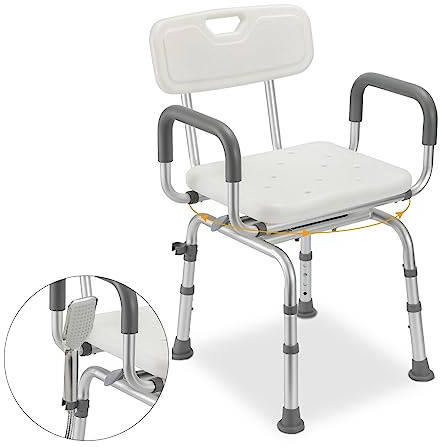 Ansobea Tabouret de Douche pour Seniors - Pivotant à 360° - avec Dossier et accoudoirs - Hauteur réglable de 40 à 48 cm - Pieds antidérapants - Stable