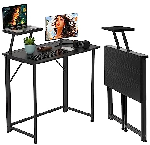 HAMHAIGO Computertisch Kleiner Schreibtisch Klappbarer 80cm x 45cm x 75cm, Schwarz klappbarer Tisch mit mit Monitorständer, Computerspieltisch für Arbeitszimmer und Schlafzimmer
