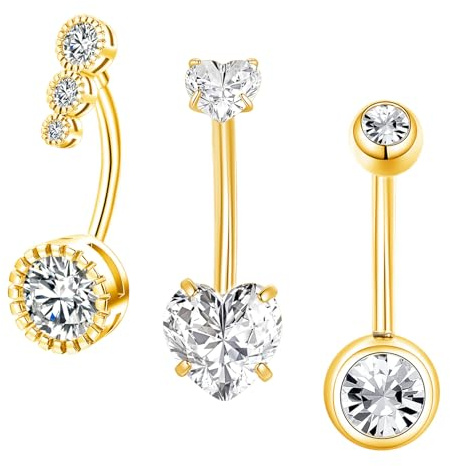 Besyvvin 3er Bauchnabelpiercing 14mm Chirurgenstahl Gold Piercing Bauchnabel Bauchpiercing Damen mit Herz Stein