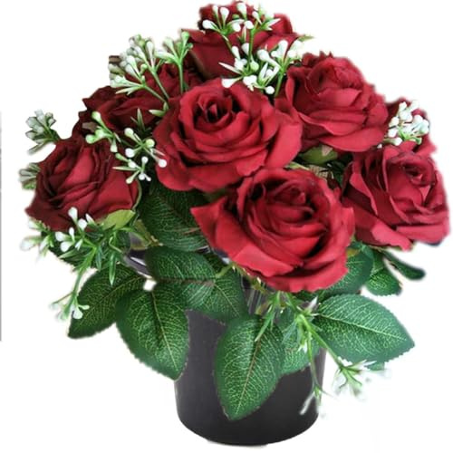 ALNIYATX Lot de 12 roses artificielles en pot pour tombe - Idéales pour cimetière et décorations funéraires - Rouge