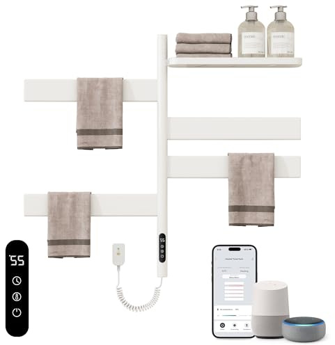TINS Scaldasalviette Elettrico Bagno, Rotazione di 180° Termoarredo Elettrico Bagno con Portaoggetti, per Controllo Vocale Touch/App/WiFi, Scalda Salviette da Bagno Elettrico-WiFi White