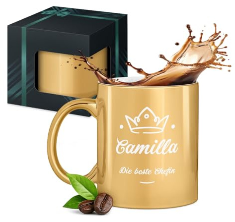 Maverton Keramikbecher 330ml mit Gravur - Kaffeetasse mit funktionellem Henkel - personalisierter Kaffeebecher für Frauen zum Geburtstag zu Weihnachten - gold glänzend/innen weiß - Chefin