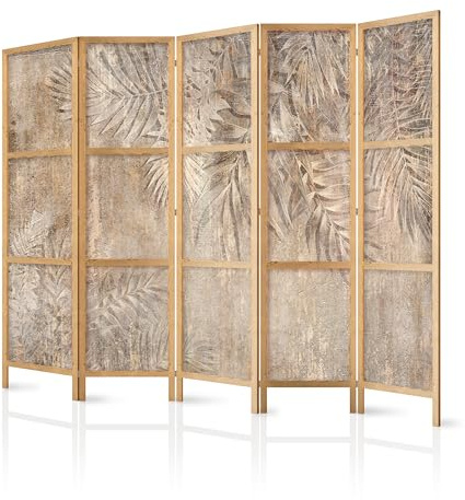 murando - Paravent Raumteiler Holz Blätter, 225x172 cm, 5-teilig, modern | Mobiler Sichtschutz, sofort einsatzbereit, Holzrahmen, ideal fürs Wohnzimmer oder Büro, geruchsneutral, lichtbeständig