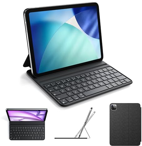 HOU Smart Folio Tastaturhülle für iPad Air 11″ M4/M3/M2,Air 5/4. Generation | für iPad Pro 11 zoll 4./3./2./1. Generation, schlank und leicht, Semi-Silikon, 2 Aufstellwinkel, QWERTZ, Schwarz