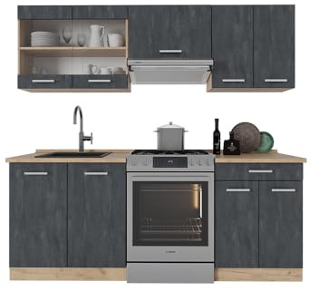 Vicco Küchenzeile R-Line, Schwarz Beton/Goldkraft Eiche, 200 cm AP Eiche
