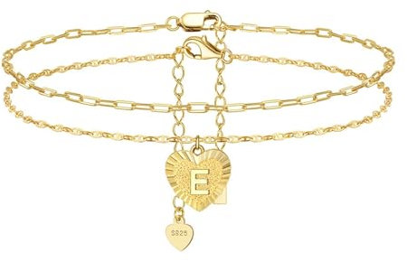 Fußkette Initialien, Fußkette für Damen 925 Sterling Silber 2-Lagige Kette mit Buchstabe E Schmuck Verstellbar Gold für Mama Sie