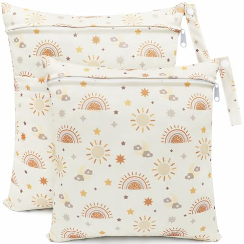 FenFang Wetbag Kindergarten, 2 Stück Nasstaschen Windeltasche Stoffwindeln Nassbeutel Organiser Beutel Wickeltasche Taschen Wasserdicht Wiederverwendbar (Gelbe Sonne)