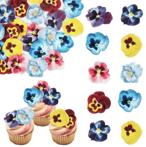 60 Pack Edible Flowers Cake Decorations, Edible Flowers Cupake Topper, Wafer Paper Flowers Cake Toppes for Wedding Birthday Party Food Decorations Supplies