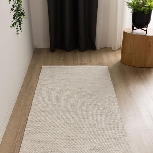 Interiyou handgewebter Baumwollteppich Riga - 80x300 cm Creme - Handwebteppich für Wohnzimmer, Schlafzimmer - 100% Handarbeit Naturfaser Teppich Flachgewebe