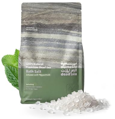Numeira Totes Meer Badesalz, Grobes Totes Meersalz mit Pfefferminzduft 1 kg | Natürlich geerntetes Totes Meersalz, Badesalz zum Einweichen und Entspannen aus Jordanien, für ein wohltuendes Baderitual
