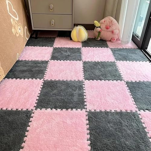 30 * 30 cm Plüschteppiche, ineinandergreifende Teppichfliesen, Schaumstoff-Bodenmatte, flauschig, for Zuhause, Wohnzimmer, Schlafzimmer, 10 Stück(Pink-Gray)