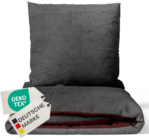 NYVI Winter Bettwäsche Set DreamScience Cashmere Touch 135x200 + 80x80 cm Anthrazit Bordeaux - Kuschelweich & Wärmend - Mit Reißverschluss, Oeko-TEX Zertifiziert, für Allergiker geeignet