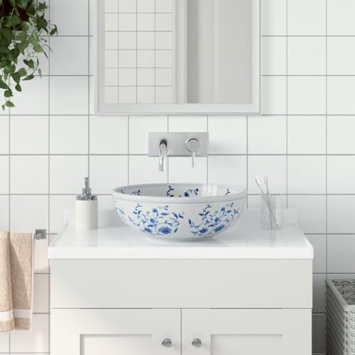 Gecheer Vasque à Poser Blanc et Bleu Rond Φ41x14 cm Céramique, Lavabo de Comptoir Vasque à Poser, Évier de Salle de Bain pour Toilette, WC d'invités Type B