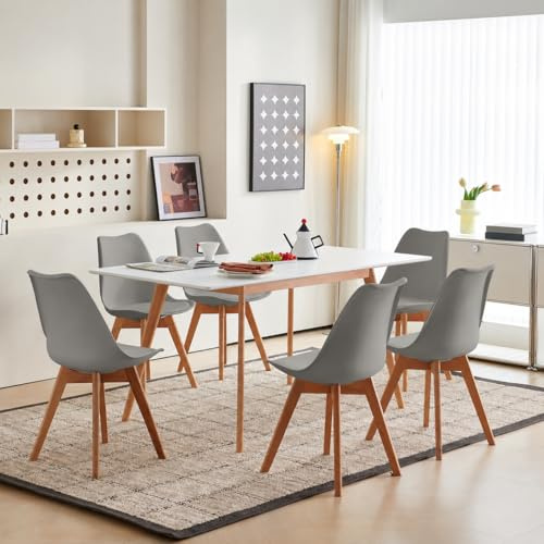 H.J WeDoo Esstisch Ausziehbar mit 6 Stühlen Esszimmergruppe, Rechteckig Küchentisch und 6er Set Esszimmerstühle Essgrupp für Wohnzimmer Küche Büro(120-160cm Weiß Tisch+6 Grau Stühle)