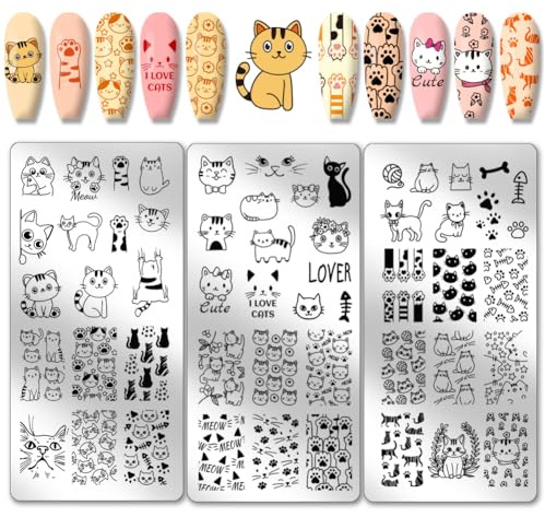 PH PandaHall 3 pz Piastre per Timbri per Unghie A Forma di Gatto Carino, Modelli per Nail Art con Gatti Adorabili, Stencil per Nail Art con Zampe di Gatto Spina di Pesce, per La Stampa di Nail Design