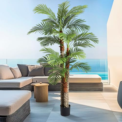 Giegxin 1 Pack 7 ft Artificial Palm Tree for Outdoor Tall Faux Tropical Triple Phoenix Palm UV Resistant Fake Plants in Pot for Outside Indoor Patio Pools Home Garden Office Porch Aesthetic Decor