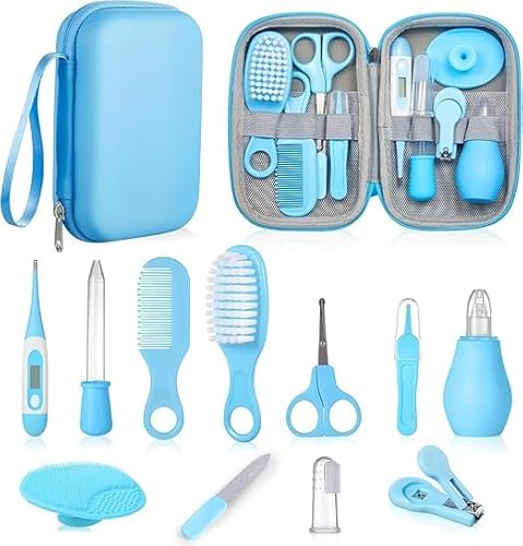 Kit för bebissjukvård och skötsel, barnkammare vård, set för nyfödda med hårborste, kam, nagelklippare och mer för nyfödda spädbarn, småbarn, babypojkar (blå)