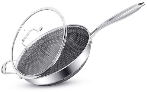 Wok Antiadherente con Tapa 4.5L / 6L – Extra Profundo, Acero Inoxidable, Nido de Abeja, Sin Químicos, Inducción, Gas, Horno, Mango Frío, Revestimiento Greblon Alemán (28 CM)