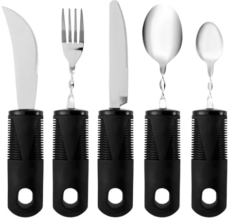 ZJRDYYK 5 utensilios adaptativos, juego de cubiertos de fácil agarre, tenedor flexible integrado, utensilios construidos para artritis, parkinson, temblores de mano, adultos y niños
