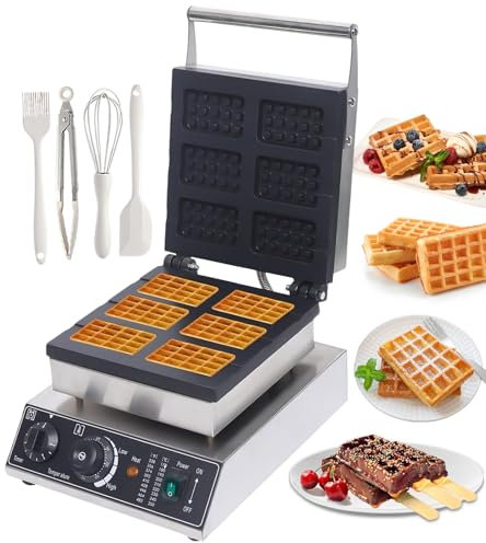 pealiritansemen Waflera Eléctrica De Alta Capacidad con Kit para Hornear | Waflera Comercial De Acero Inoxidable, Placas Calefactoras Dobles Y Ranura De Rebose, para Cafeterías, Catering,6-Slice