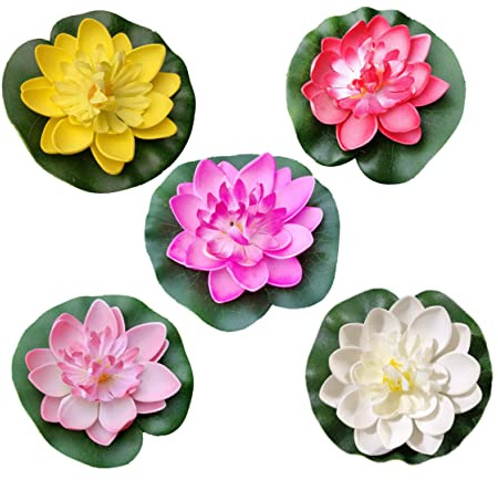 Homoyoyo Künstliche Seerosen Blumen Für Teich Und Mini-Teich Deko - 10 cm 5 Stück in Weiß Rot Gelb Rosa Und Hellrosa – Perfekte Teichpflanzen Für Stilvolle Aquarien