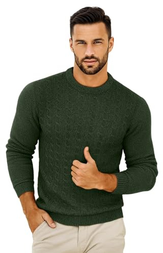 VEARZ Unisex Mens Casual Lightweight Crew Neck Winter Jumpers Cable Knitted Pullover - Adults Classic Soft Long Sleeve Thermal Sweater Tops for Men UK, D Olive M