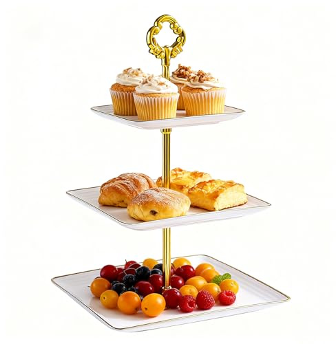 Allbusky 3-Tier Cake Stand Cupcake Holder, Pastry Tiered Serving Tray, Dessert Plates Cakes Fruit Cookie Candy Display Tower Serving Platter for Christmas Wedding Birthday Baby Shower, White