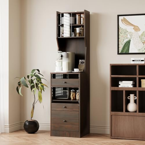 PREMTURE Schmaler Küchenschrank mit Schubladen, 160 cm Hochschrank mit offenen Fächern und Stauraum, Vorratsschrank für Küche, Bad oder Flur, Mehrzweckschrank in Holzoptik, 40 x 40 x 160 cm