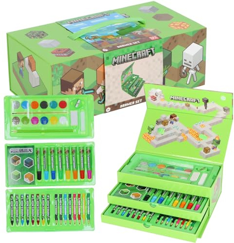 Minecraft Malkoffer für Kinder – 52-teiliges Malset mit Buntstiften, Filzstiften, Farbkasten & Wachsmalkreiden – Kreativset im Minecraft-Design – Geschenk für Jungen & Mädchen ab 3 Jahren
