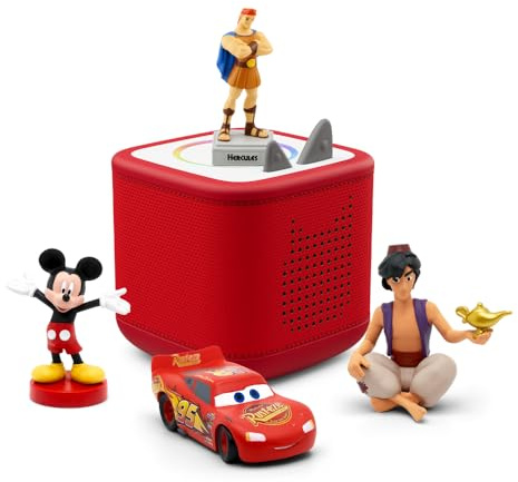 tonies Toniebox 2 Bundle Incl. 4 Disney Helden Herkules, Cars, Mickey Maus, Aladdin, Rot, Audioplayer für Hörbücher, Lieder, Einschlafen und Tonieplay für Kinder