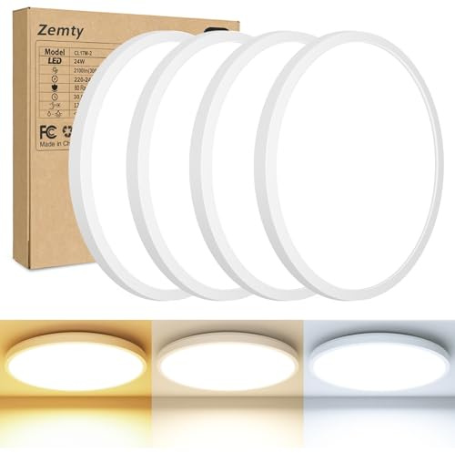 zemty 4 Stück 24W 2100LM LED Deckenleuchte Flach, 3000K/4500K/6000K Deckenlampe Rund Ø22cm Ultra Dünn Modern LED Lampen Deckenlampen, Deckenleuchten Badezimmer Lampe Decke für Küche Flur