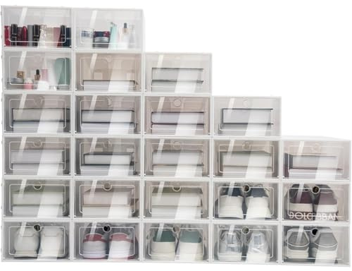 SJAPEX Zapatero De 22,5 × 33 × 14 Cm con Cajón, Juego De 24 Unidades, Organizador De Zapatos De Plástico, Plegable Y Apilable, Transparente, Caja De Zapatos para Zapatillas De Deporte, Tacones